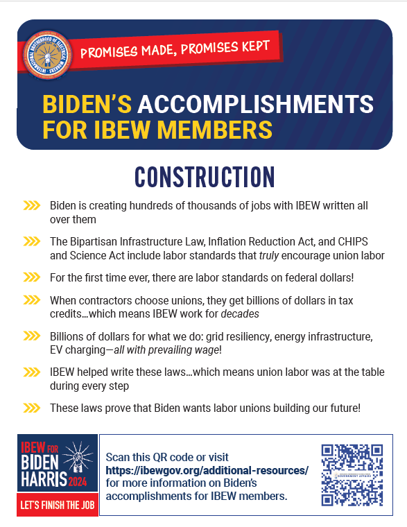 <br /><strong>GET THE FACTS! Joe Biden has done a lot for IBEW members, the construction industry and America in his first term.